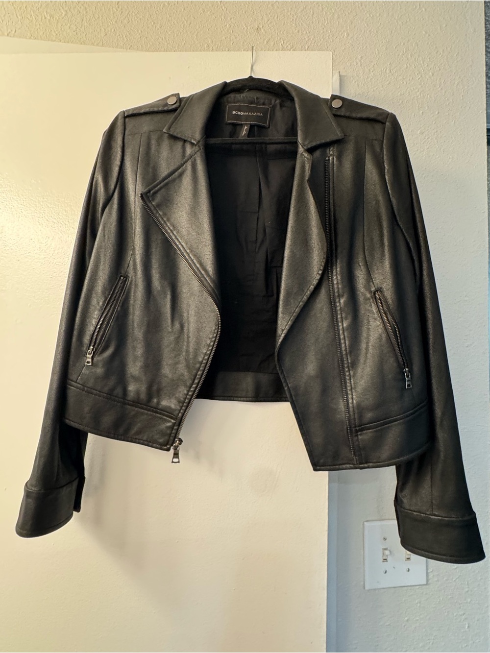 BCBGMaxAzria Black Faux Leather Moto Jacket